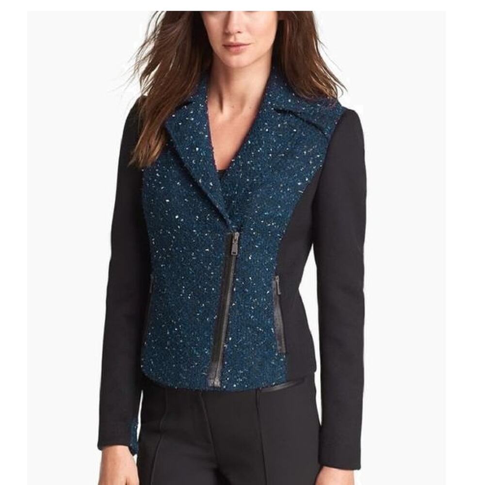 NWT Elie Tahari Friva Boucle Moto Jacket Size 0 Zenith Blue & Black